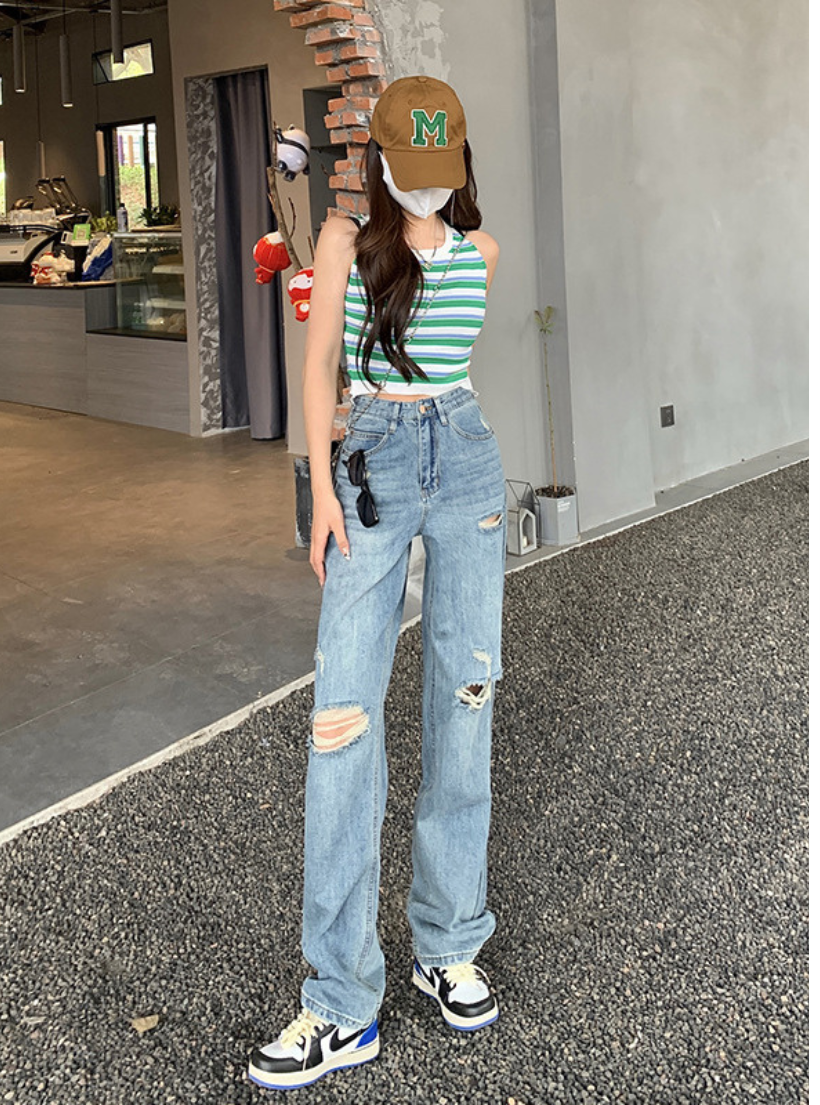  Quần jeans nữ suông đứng dài rách gối HQJeans mới nhất 