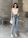  HQJeans Quần jeans ống loe nữ lưng siêu cao 3 cúc đai chéo mẫu thiết kế mới HQ166 