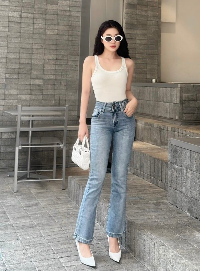  HQJeans Quần jeans ống loe nữ lưng siêu cao 3 cúc đai chéo mẫu thiết kế mới HQ166 