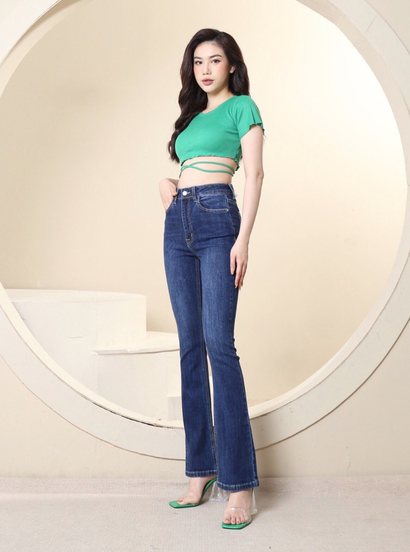  Quần Jean Nữ Ống Loe Lưng Cao Co Giãn Trơn Dài Quá Gót Gấu Thường HQJeans HQ53 