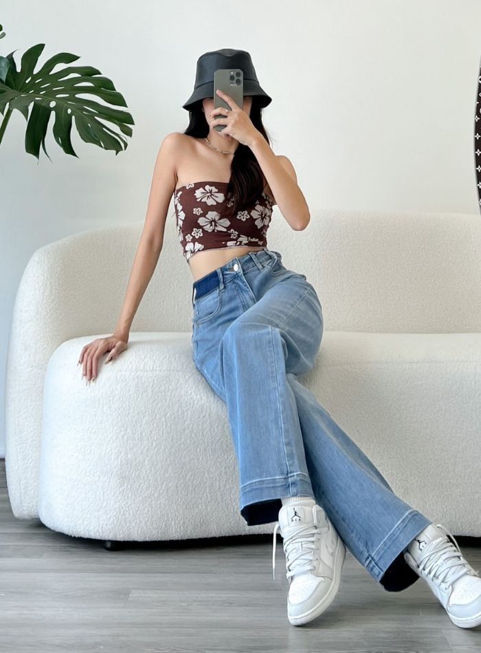  Quần jeans ống suông lưng cao ôm dáng tag v dáng dài lai 3 phân co giãn mẫu thiết kế mới HQJeans HQ102 