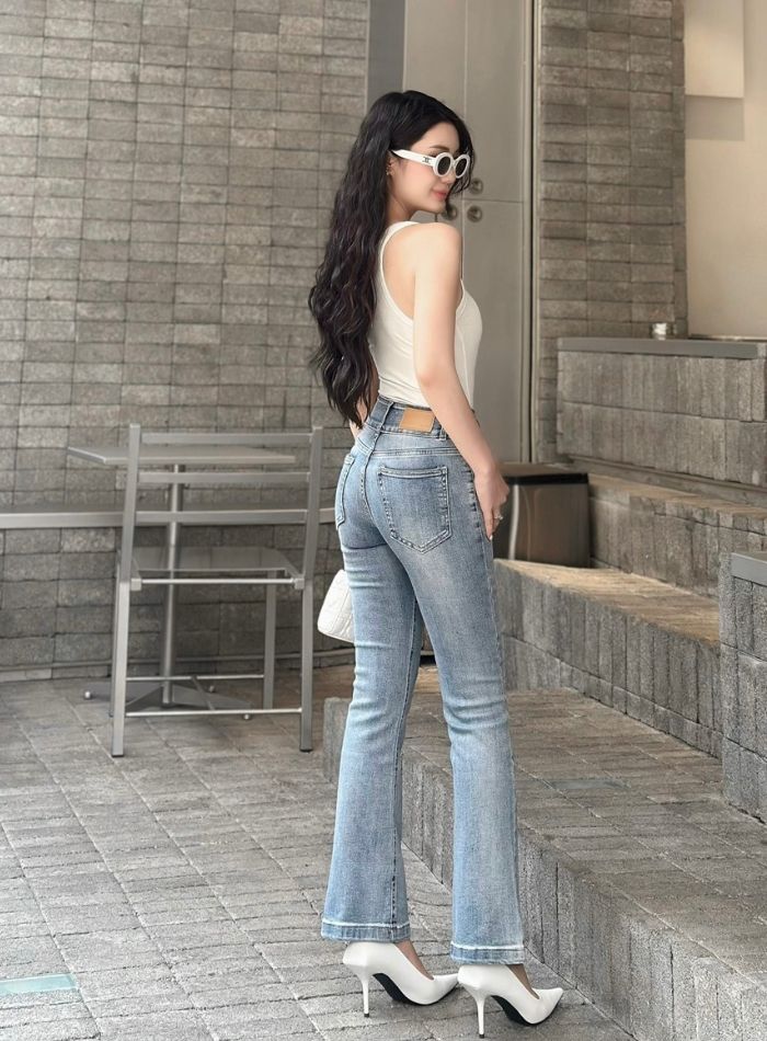  HQJeans Quần jeans ống loe nữ lưng siêu cao 3 cúc đai chéo mẫu thiết kế mới HQ166 