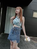  Chân váy Jeans nữ HQJeans lưng đắp chéo cá tinh lai tua rách trên gối 