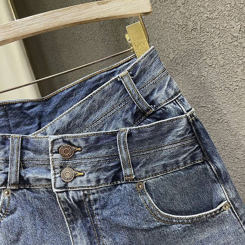  Chân váy Jeans nữ HQJeans lưng đắp chéo cá tinh lai tua rách trên gối 