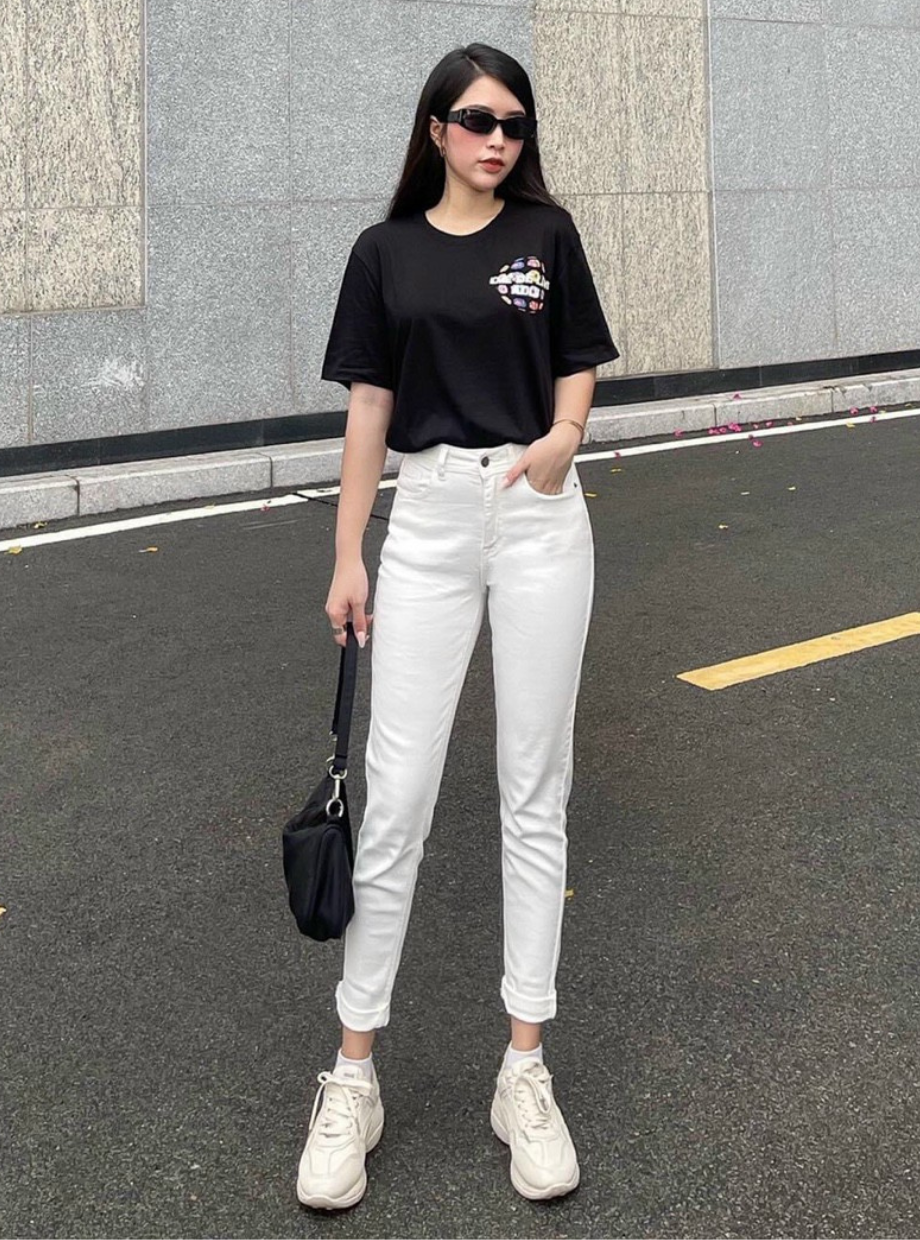  Quần jean nữ boyfriend baggy trơn dài đen và trắng co giãn HQJEANS 