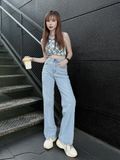  Quần Jeans ống suông đứng cạp cao 1 cúc dáng dài HQJeans cá tính chất jeans mịn co giãn tốt 