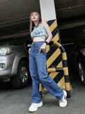  Quần Jeans ống suông đứng cạp cao 1 cúc dáng dài HQJeans cá tính chất jeans mịn co giãn tốt 