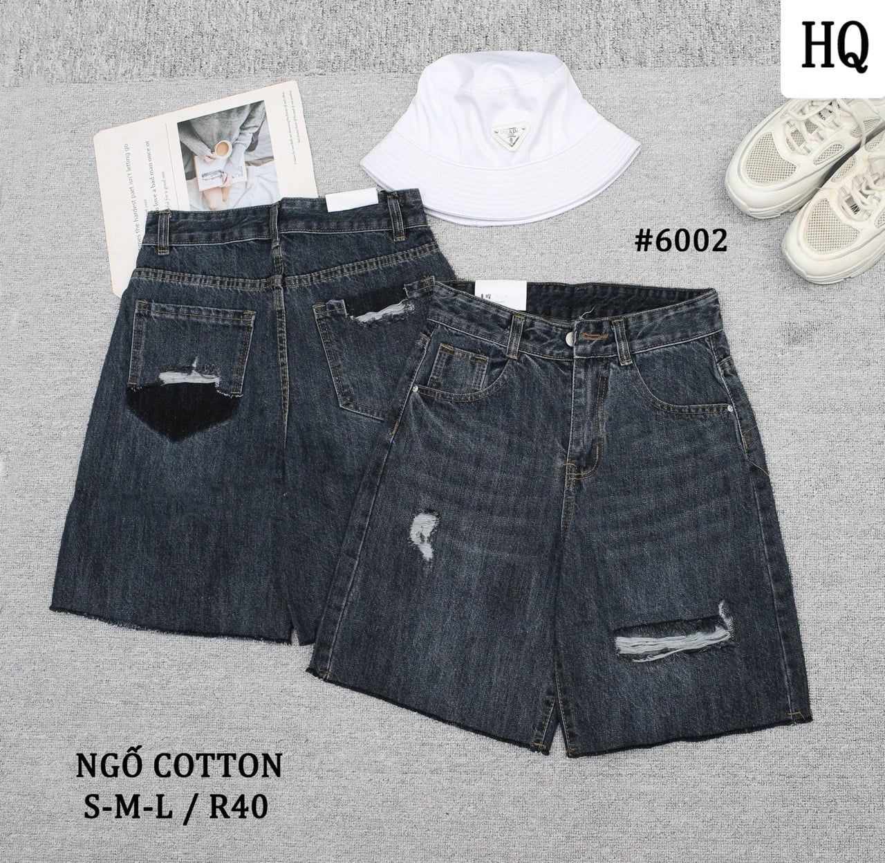  HQJeans Quần ngố cotton không giãn dáng A lưng cao ống rộng mang thoải mái nhiều mẫu 