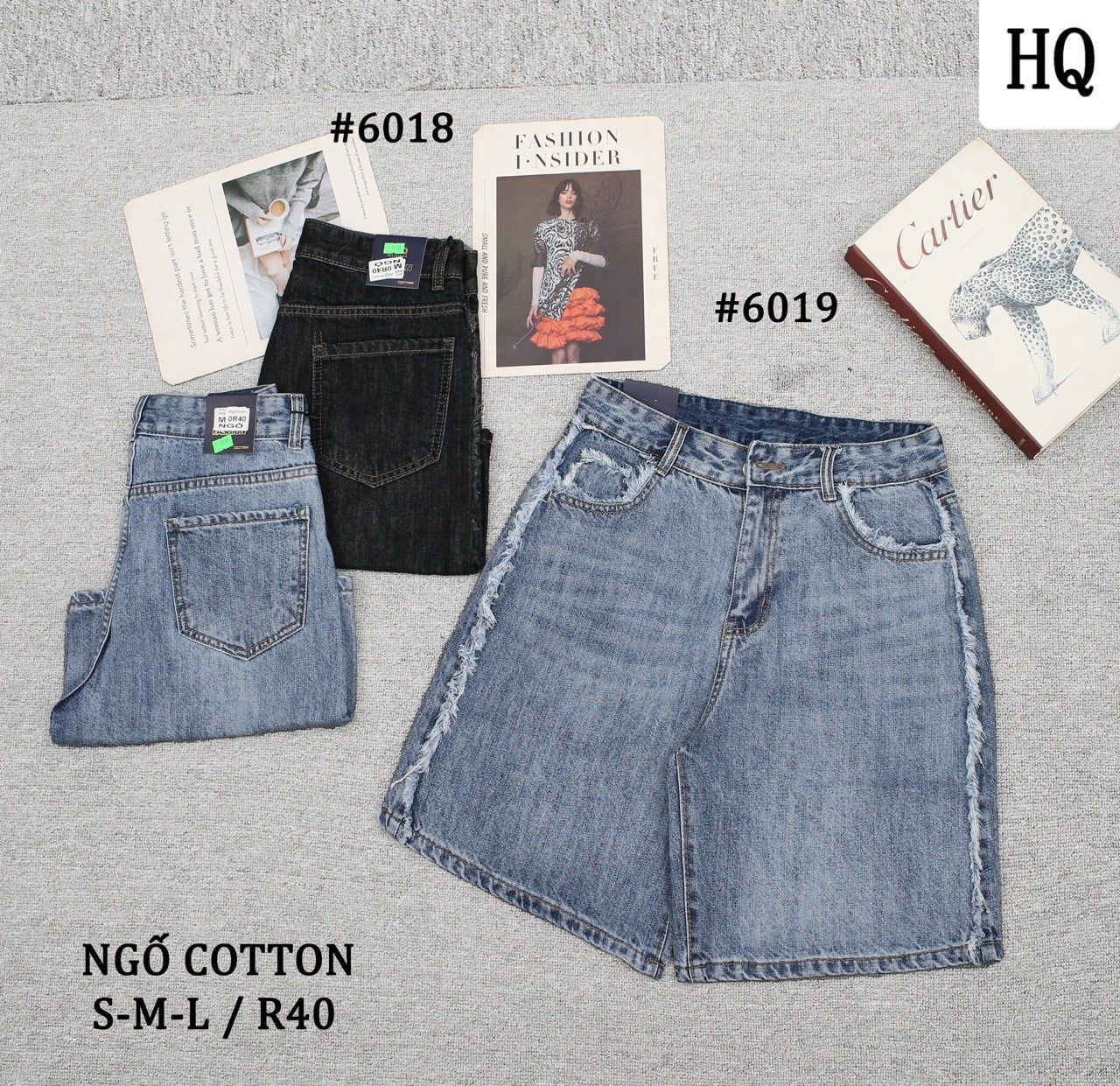  HQJeans Quần ngố cotton không giãn dáng A lưng cao ống rộng mang thoải mái nhiều mẫu 