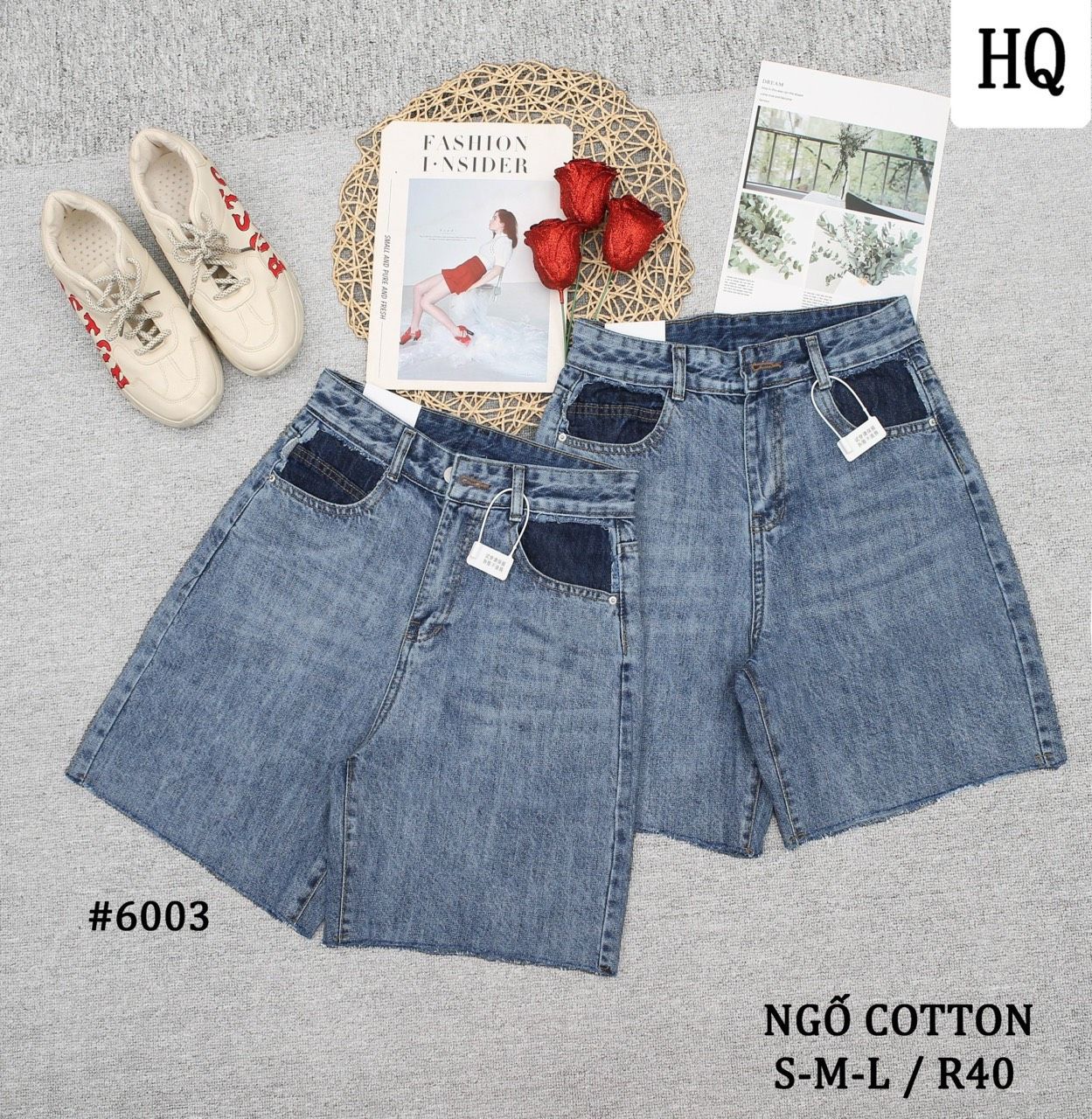  HQJeans Quần ngố cotton không giãn dáng A lưng cao ống rộng mang thoải mái nhiều mẫu 