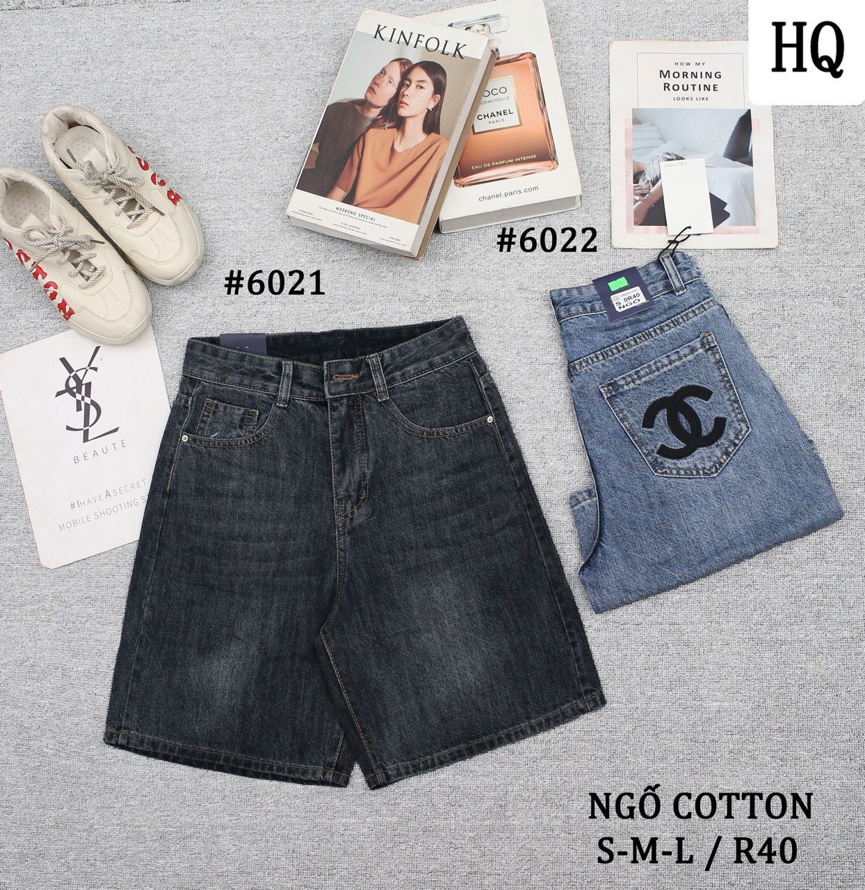  HQJeans Quần ngố cotton không giãn dáng A lưng cao ống rộng mang thoải mái nhiều mẫu 