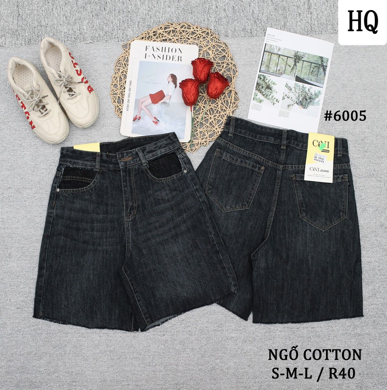  HQJeans Quần ngố cotton không giãn dáng A lưng cao ống rộng mang thoải mái nhiều mẫu 