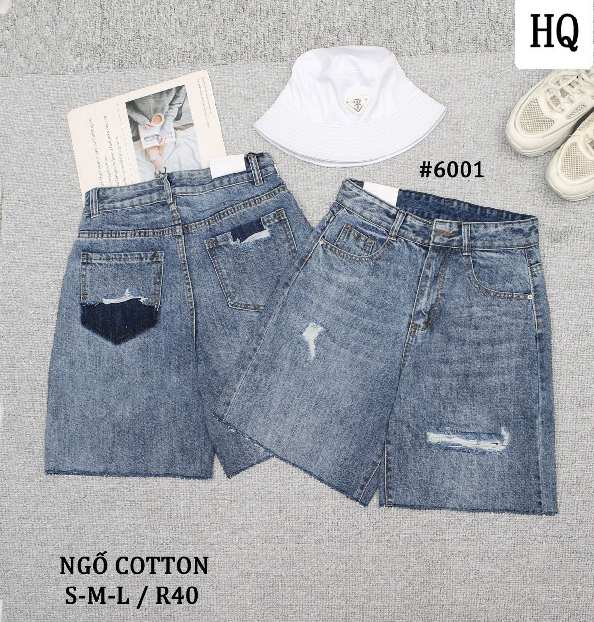  HQJeans Quần ngố cotton không giãn dáng A lưng cao ống rộng mang thoải mái nhiều mẫu 