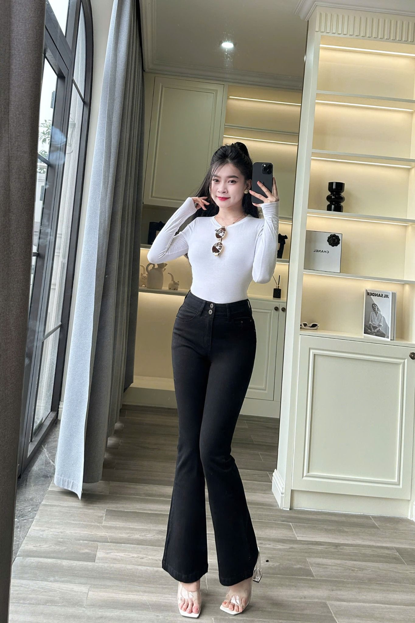  HQJeans Quần ống loe đen dài trơn đơn giãn chất lượng VNXK lưng cao 2 cúc vải mềm mịn mới HQ191 