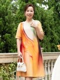  Đầm suông Hạnh cổ tròn họa tiết , tay ngắn 