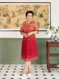  Đầm suông Hạnh ren 3D  in họa tiết, cổ tròn, tay lửng 