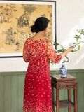  Đầm suông Hạnh ren 3D  in họa tiết, cổ tròn, tay lửng 