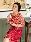  Đầm suông Hạnh ren 3D  in họa tiết, cổ tròn, tay lửng 