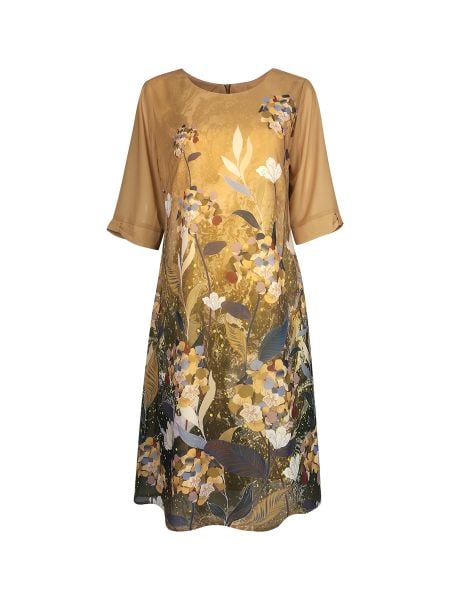  Hạnh Đầm suôngcổ tròn họa tiết hoa, tay ngắn cách điệu 1623/5.170 