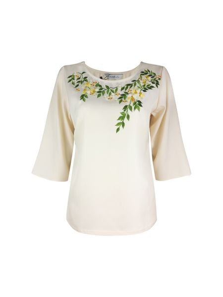  Áo cổ tròn thêu họa tiết, tay lửng 