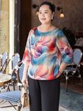  Hạnh Áo cổ tròn in hoa văn, kết hạt bi, tay lửng 