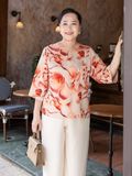  Áo Hạnh cổ tròn in hoa văn, kết hạt bi, tay lửng 