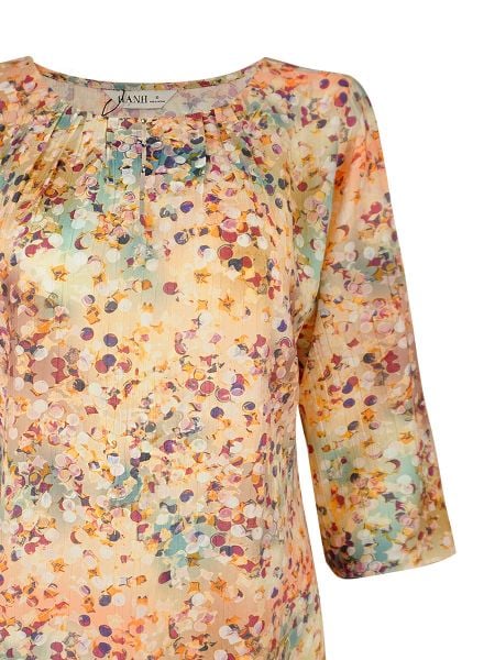  Hạnh áo cổ tròn đính bi, in họa tiết nụ xuân e ấp, tay lửng 2486/5.224 