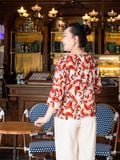  Áo Hạnh cổ tròn đính bi, in họa tiết lá, tay lửng 