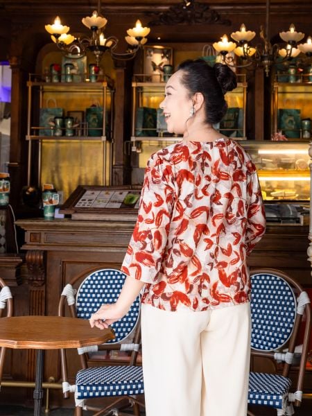  Hạnh áo cổ tròn đính bi, in họa tiết lá, tay lửng 2486/5.225 