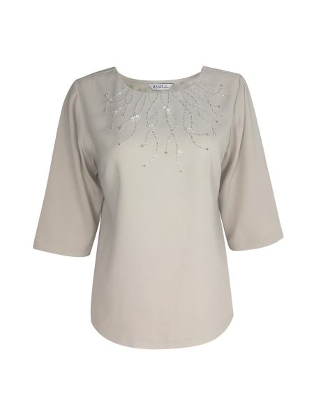  Áo cổ tròn thêu họa tiết, tay lửng 