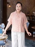  Hạnh Áo sơ mi cổ danton in họa tiết nghệ thuật, tay ngắn 