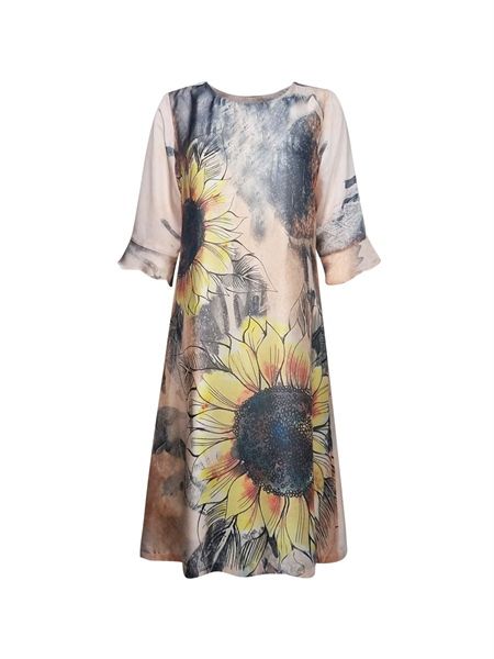  Đầm suông cổ tròn họa tiết , tay bèo 