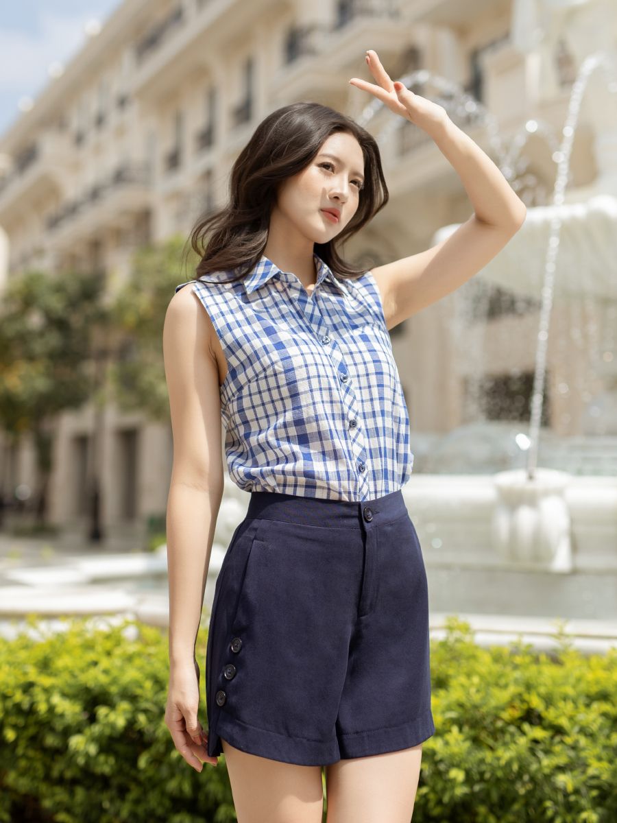  Hạnh Áo sơ mi in họa tiết caro, sát nách 3406/3.185 