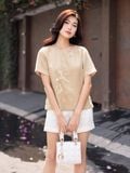  Áo cổ tròn thêu họa tiết thêu, tay ngắn 