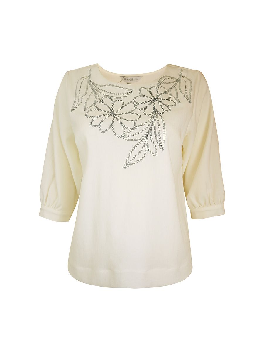  Hạnh Áo cổ tròn thêu họa tiết thêu lá hòa quyện hoa , tay lửng bo 3413/5.173 