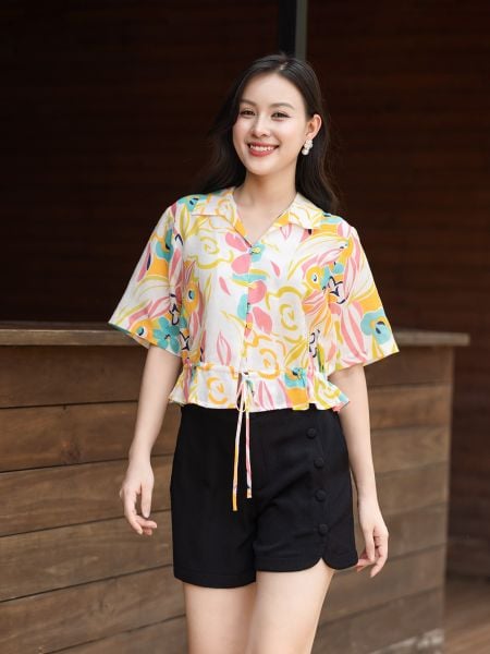  Hạnh Áo cổ sơ mi, tay ngắn, eo dún thắt nơ 