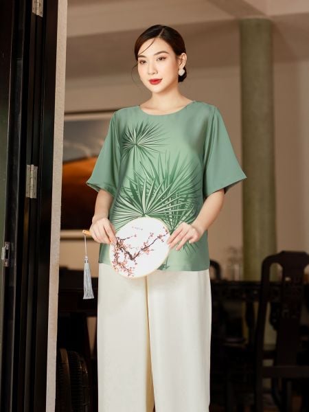  Hạnh Áo cổ tròn in họa tiết, tay ngắn 
