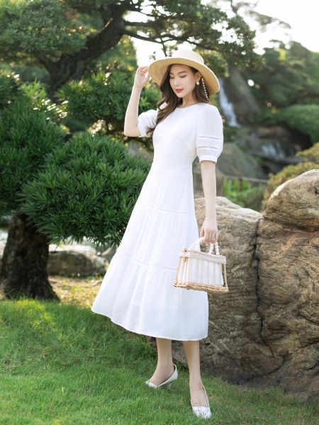  Hạnh Đầm maxi cổ tròn, tay phồng phối ren trẻ trung, nữ tính 