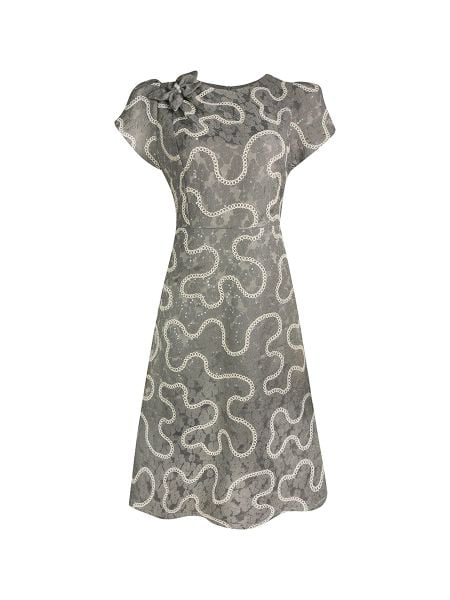  Đầm midi cổ tròn, xếp li kết nơ bên vai, tay ngắn 3624/4.292 