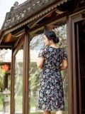  Đầm ren thêu hoa, cổ tim đắp, eo đính nơ, tay ngắn 