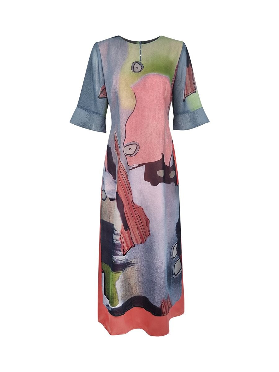  Đầm dài Hạnh cổ tròn 2 tà họa tiết, tay loe 3638/4.104 