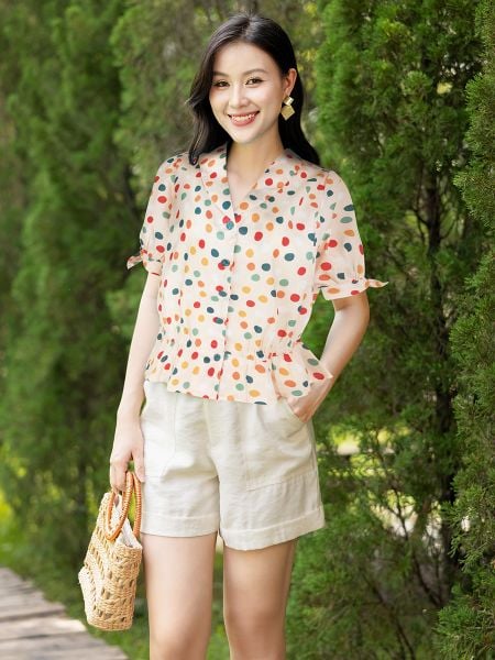  Hạnh áo cổ sơ mi chấm bi săc màu, tay ngắn thắt nơ, eo dún 4422/4.401 