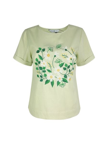  Áo Hạnh cổ tròn thêu họa tiết thêu, tay ngắn 