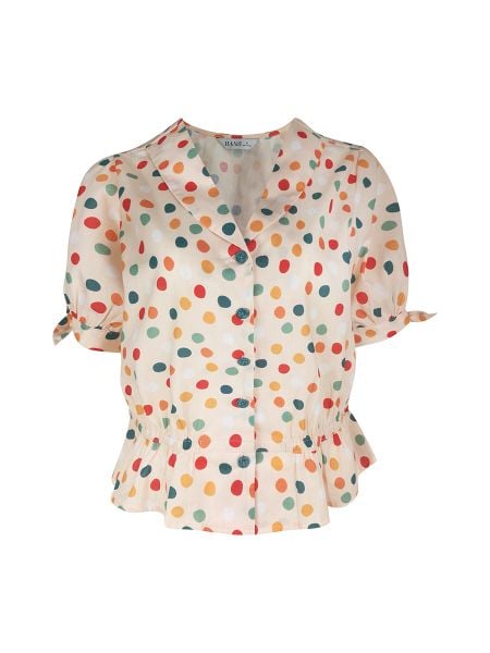  Hạnh áo cổ sơ mi chấm bi săc màu, tay ngắn thắt nơ, eo dún 4422/4.401 