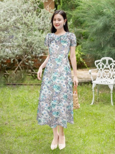  Đầm dài Hạnh cổ tròn xếp li, tay ngắn, trẻ trung 4612/4.414 