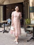 Đầm Hạnh cổ tròn họa tiết, tay ngắn trẻ trung, nữ tính 