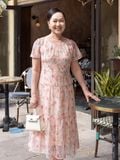  Đầm Hạnh cổ tròn họa tiết, tay ngắn trẻ trung, nữ tính 