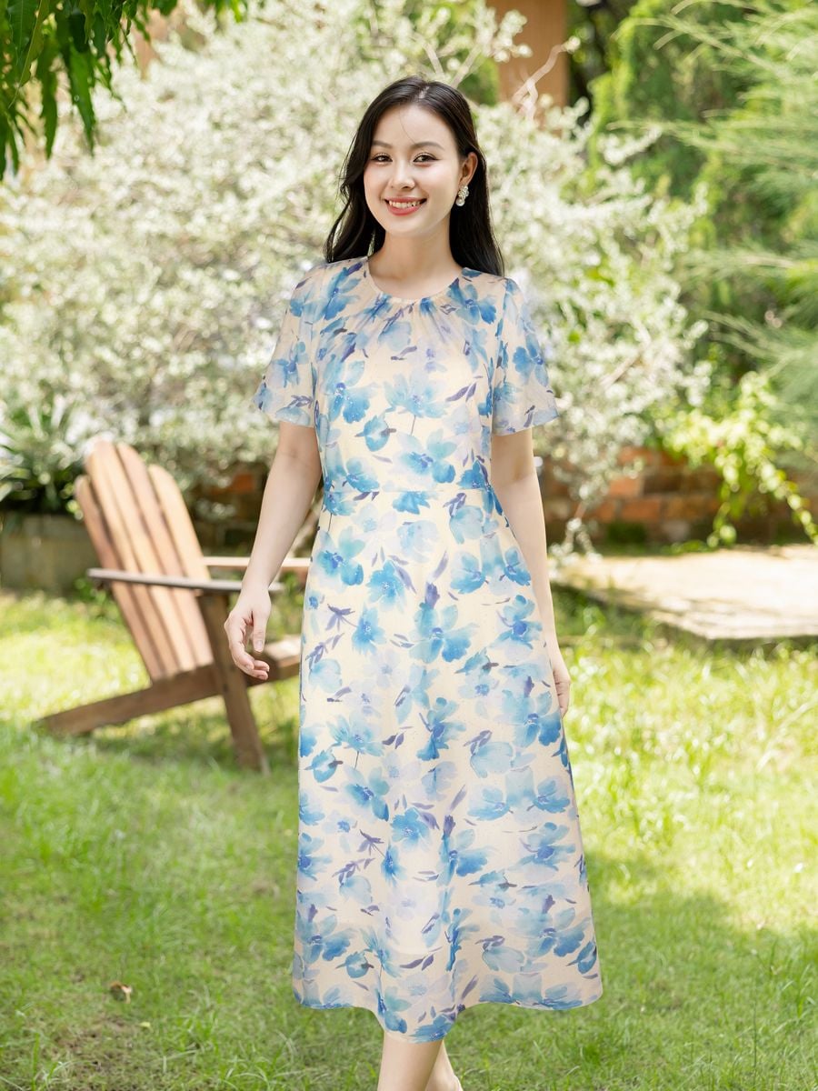 Đầm dài Hạnh cổ tròn xếp li, tay ngắn, trẻ trung 4626/4.435 