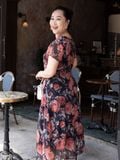  Đầm dài Hạnh cổ tròn, in họa tiết hoa hồng, tay ngắn 
