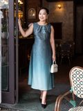  Hạnh Đầm cổ tròn xếp li, phối màu nghệ thuật, in họa tiết lá sát nách 